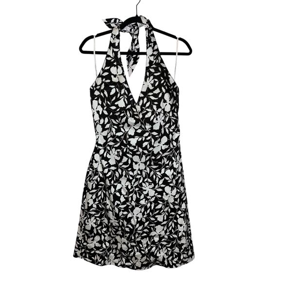 Kay Unger Resort Cruise Wedding Preppy Black White Floral Beaded Halter Dress - Picture 1 of 10
